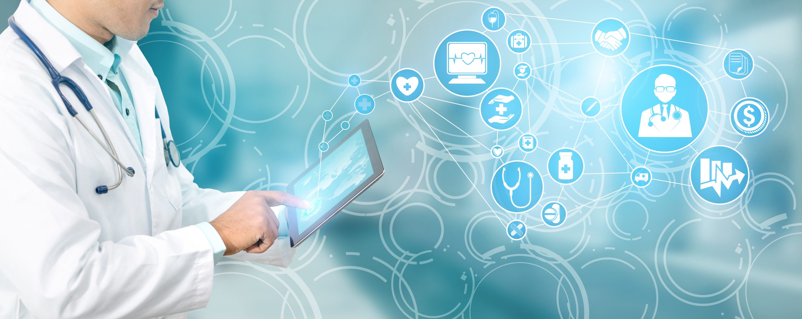 Medical Healthcare Concept – Doctor in hospital with digital medical icons graphic banner showing symbol of medicine, medical care people, emergency service network, doctor data of patient health.